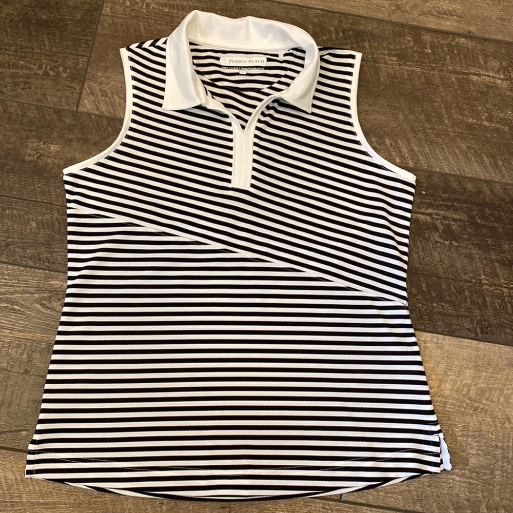 Pebble Beach Black and White Striped Sleeveless Polo Tank